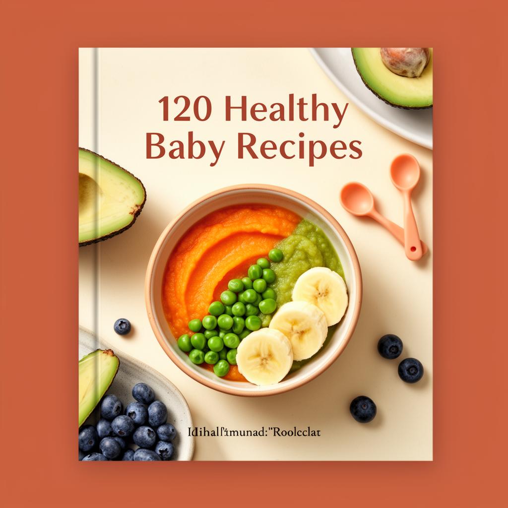 120 Healthy Baby Recipes ebook cover showing colorful baby purees and fresh ingredients